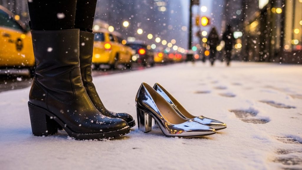 Block-heeled boots and metallic pumps on a snowy NYC sidewalk.
