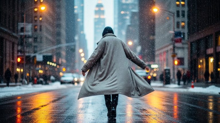People walking in cozy winter outfits on a snowy NYC street.