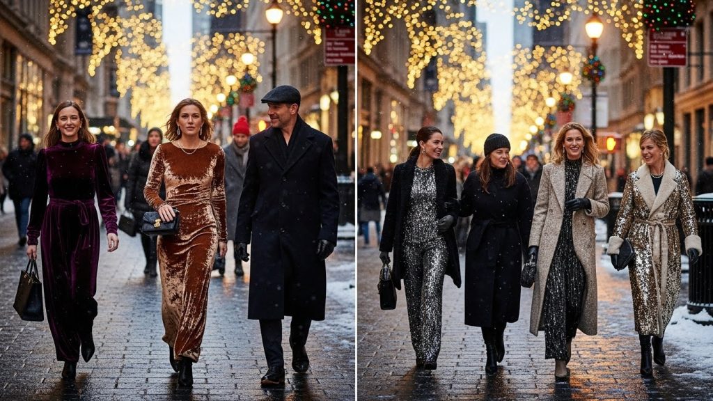 People dressed in festive outfits walking through holiday-lit NYC streets.