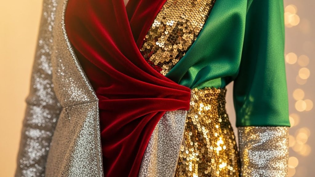 Velvet, satin, sequins, and metallic fabrics arranged for holiday outfits.