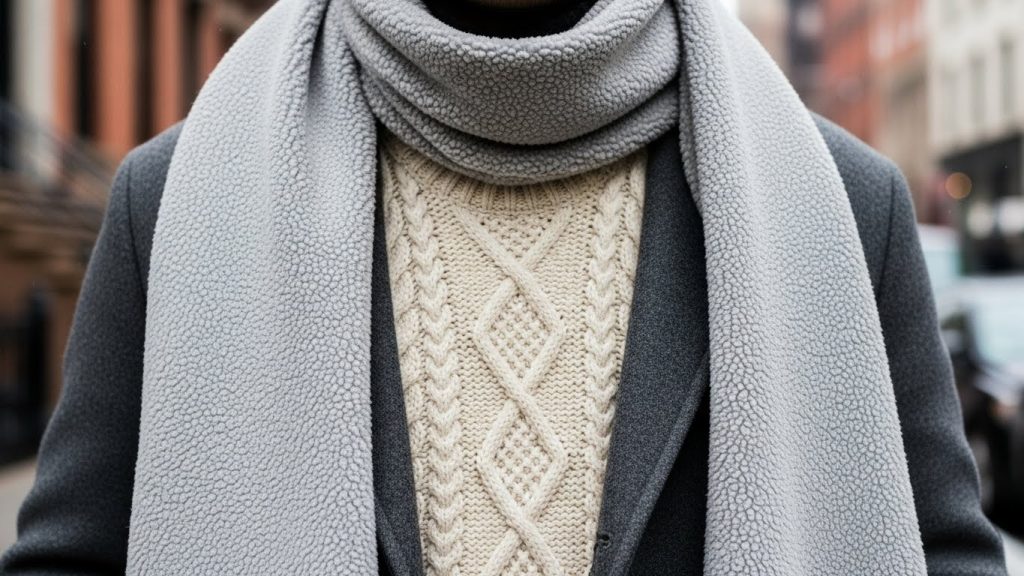 Knitted scarves, beanies, and gloves styled with winter coats.