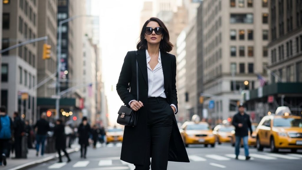 Minimalist monochrome outfit showing 5 chic street style looks in NYC.