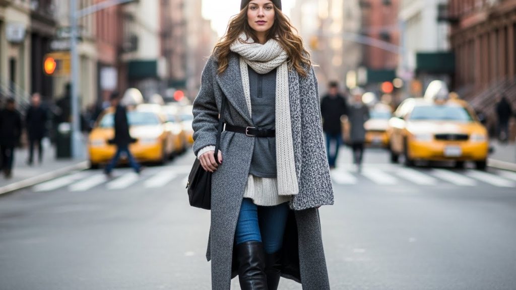 Layered winter outfit with thermals, knits, and an oversized coat in New York.