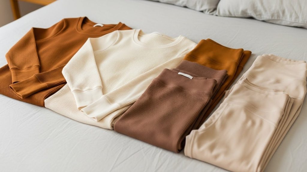 Thermal tops and leggings arranged on a bed for winter layering.