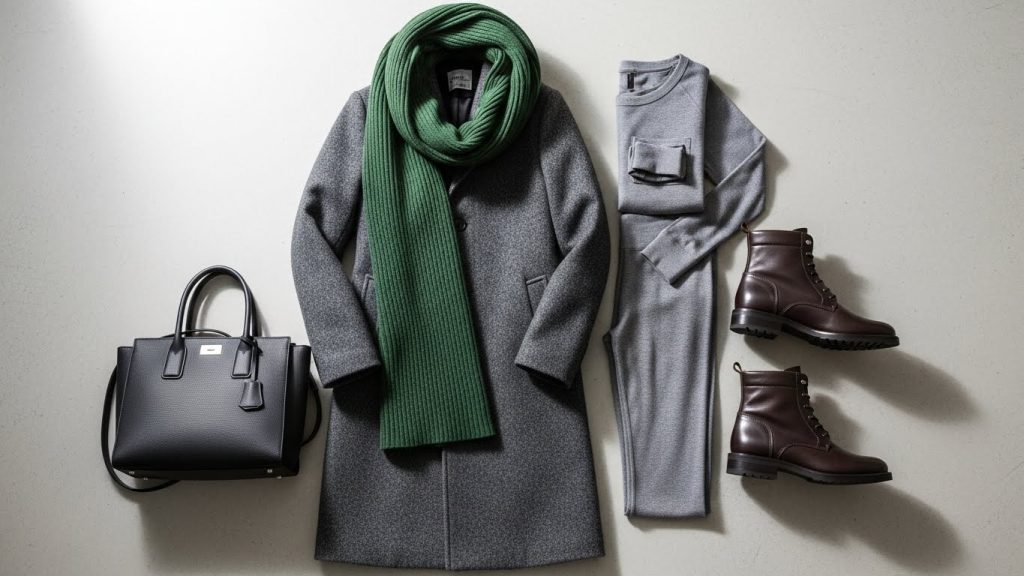 Flat-lay of coat, boots, scarf, and thermals styled for winter.