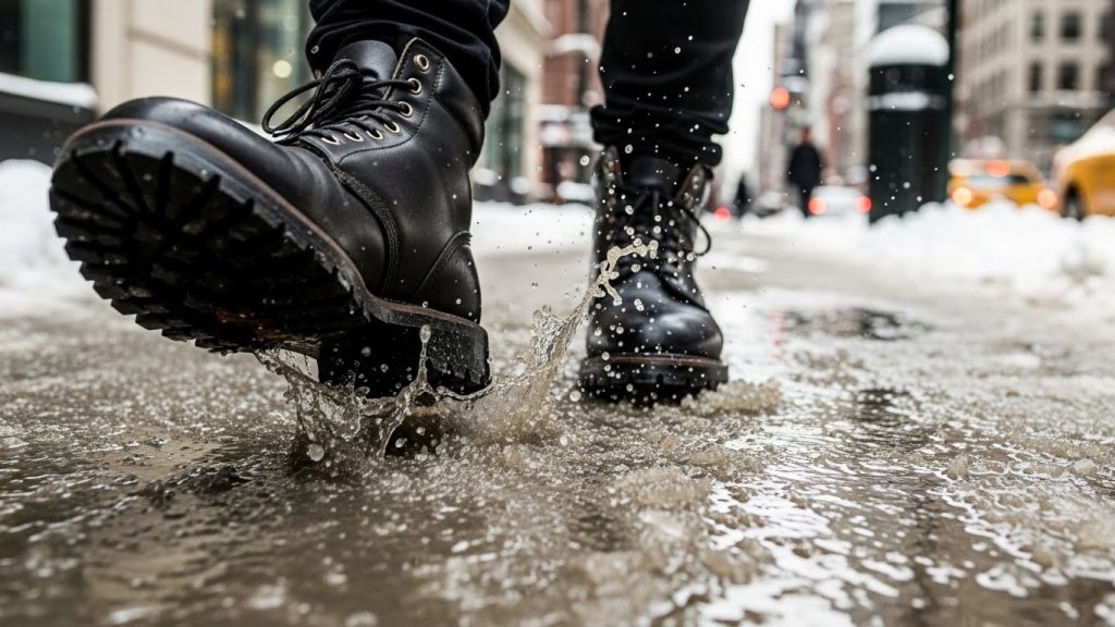 Oversized wool coat moving through snowy New York streets.